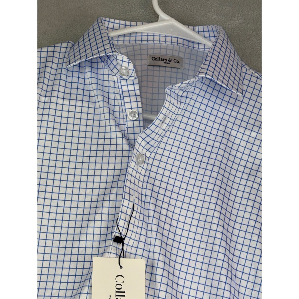 Collars & Co Men Small Blue White Windowpane Dress Collar Polo Shirt NWT Stretch
